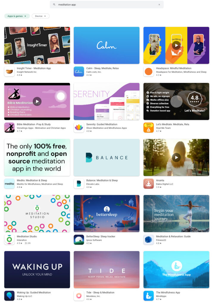 meditation app search results