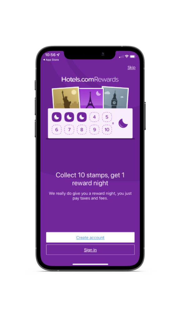 Hotels.comRewards signup screen