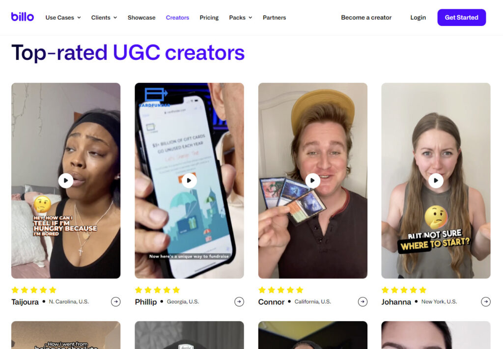 Top-rated UGC creators on Billo