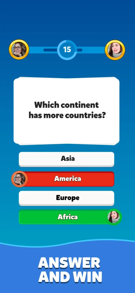 Trivia game question about continents, encouraging players to answer and win.