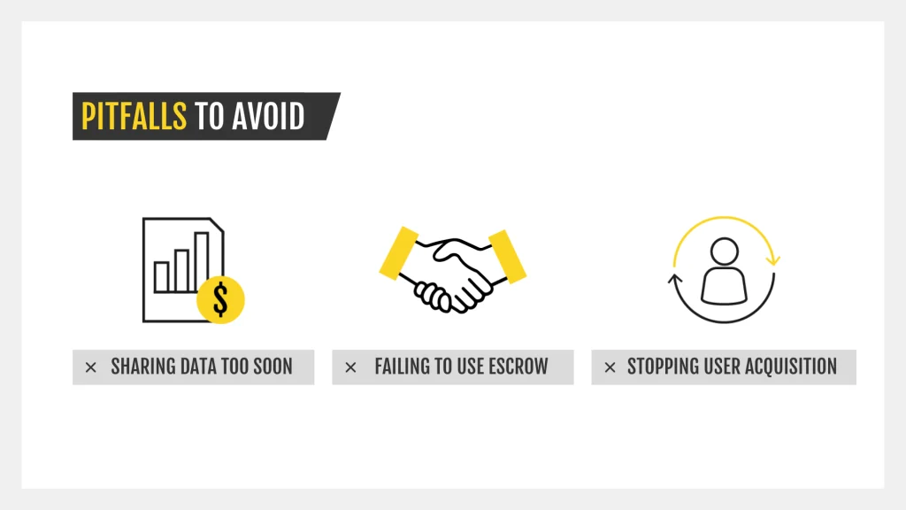 Graphic showing pitfalls to avoid in selling a mobile game, including sharing data too soon, failing to use secure transfers, and stopping user acquisition.