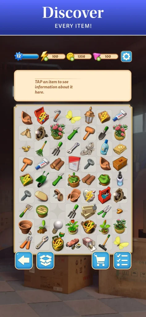 Inventory screen in a game, showing a variety of items and tools for players to discover, with instructions to tap an item for more information.