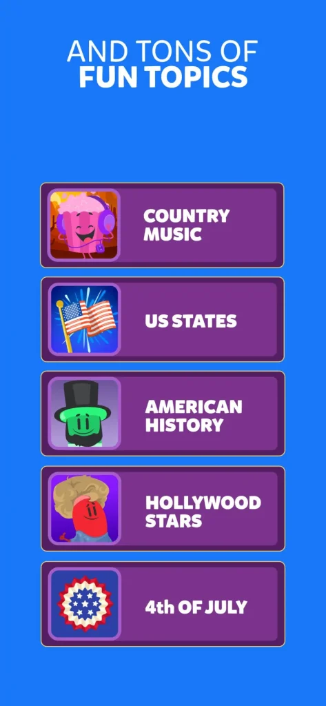 Trivia game featuring diverse topics like country music, US states, and Hollywood stars.