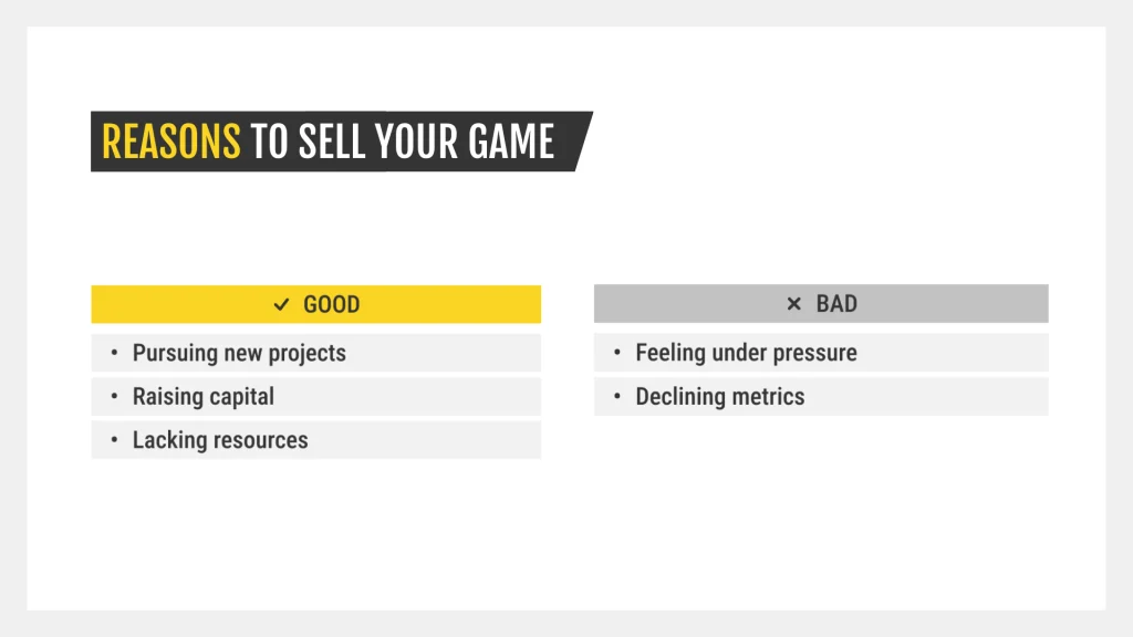 Table listing reasons to sell a mobile game, including good reasons like pursuing new projects, raising capital, and lacking resources, versus bad reasons like pressure or decline.