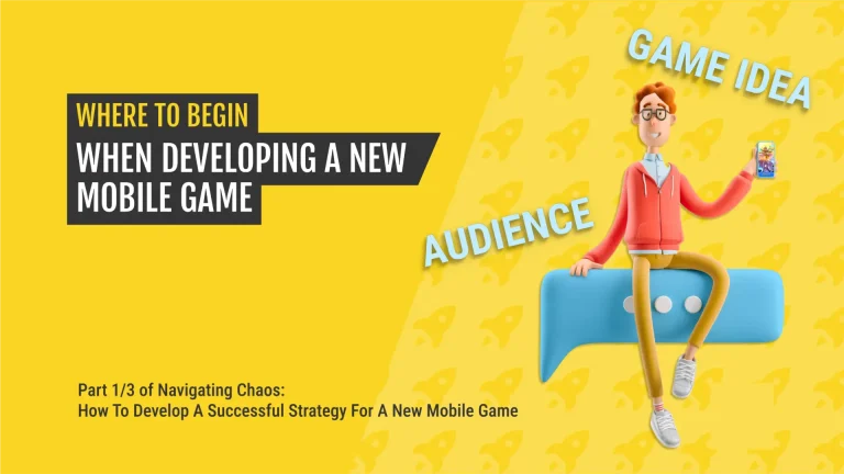 Illustration of a character presenting concepts of audience targeting and game idea generation, representing the initial stages of developing a new mobile game.