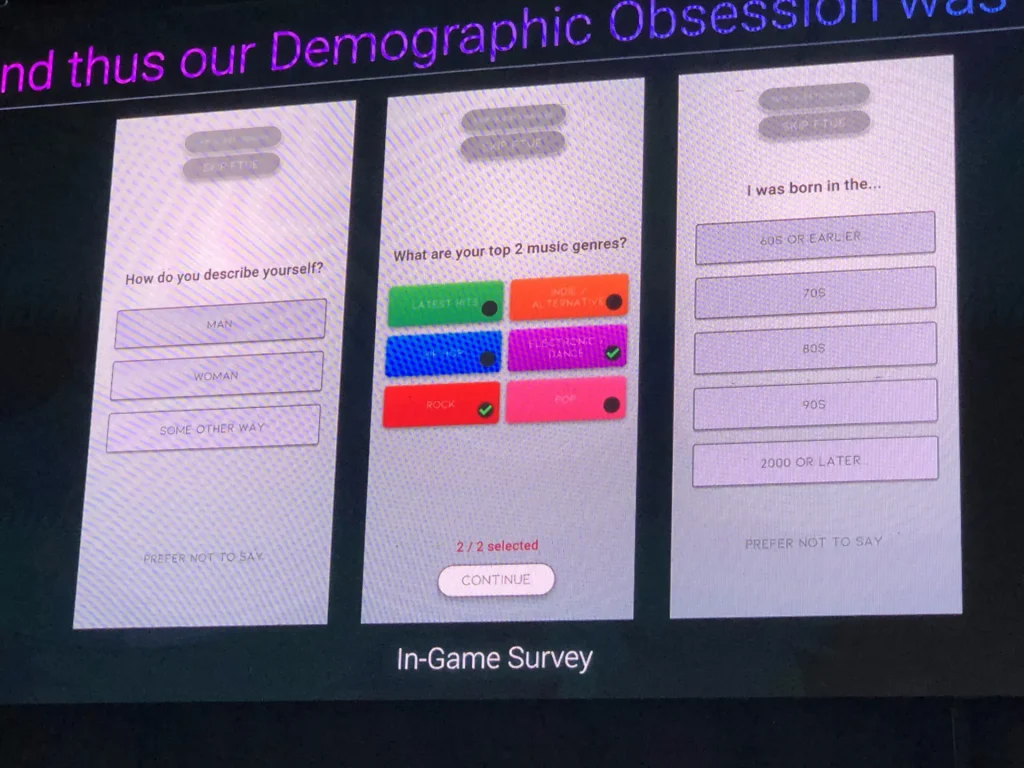 Screenshot of an in-game survey asking players about demographics and music genre preferences, used to gather player data for game development.