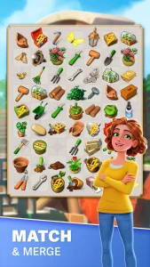 Match and merge game screenshot showing various items arranged on a board, with a character standing and smiling on the right.