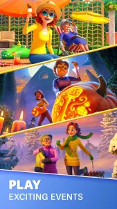 Players participate in exciting events in the match and merge game, featuring characters enjoying different seasonal scenes and activities.