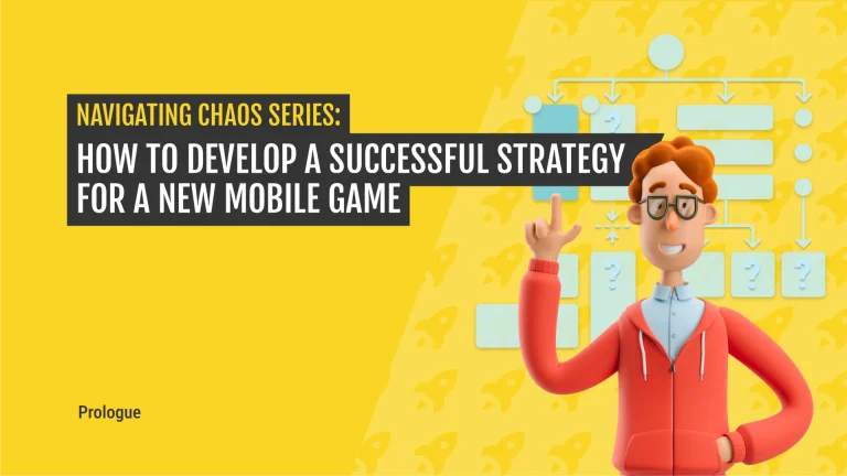 Illustration of a character pointing to a flowchart, symbolizing strategic planning for mobile gaming studios, part of AppAgent's Navigating Chaos series on game strategy.