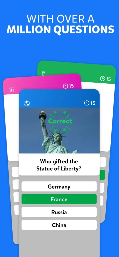 Trivia game interface boasting over a million questions across various topics.