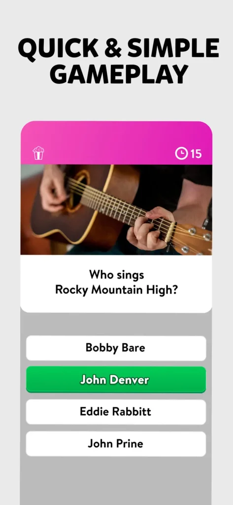 Trivia question screen featuring a music question about 'Rocky Mountain High'.