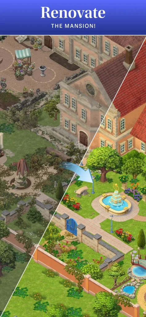 Before and after renovation of a mansion garden scene in a game, showing an overgrown area transformed into a beautiful, vibrant space.