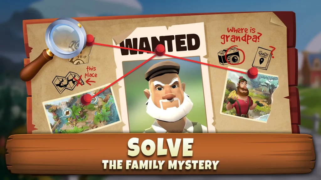 Game screen featuring a wanted poster for a missing grandpa with clues like a magnifying glass, maps, and photos connected by red lines. Text reads 'Solve the Family Mystery.