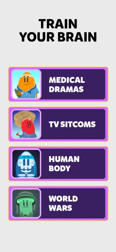 Trivia game with categories like medical dramas, TV sitcoms, human body, and world wars.