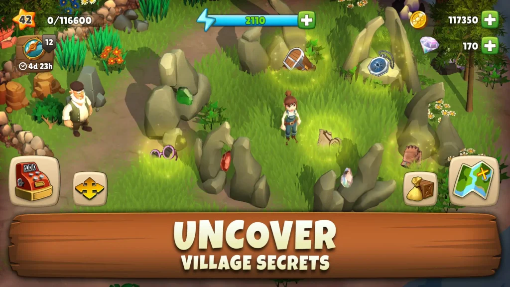 Gameplay image showing a character exploring a grassy village area with rocks, treasures, and various items to uncover secrets. Text reads 'Uncover Village Secrets.'