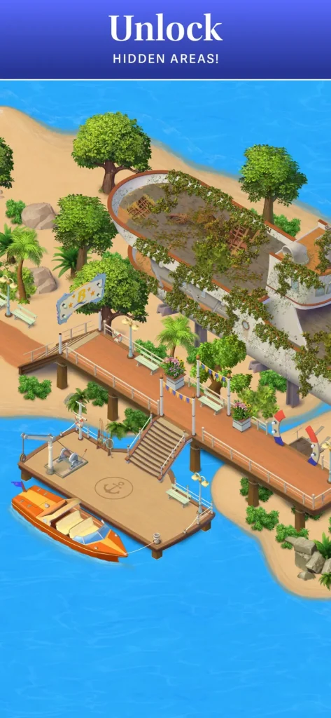 Gameplay scene featuring an island with hidden areas to unlock, showing a beach with overgrown and renovated sections.